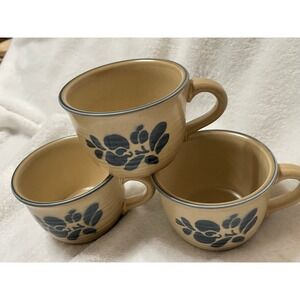 Vintage Pfaltzgraff Set of 3 Mugs Blue Floral Design Tan Rimmed Coffee Cups